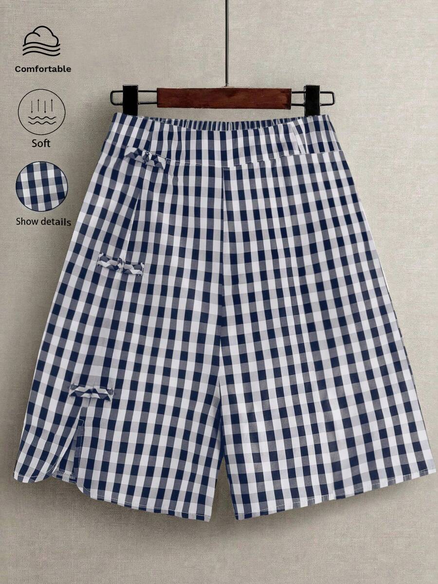 SHEIN LUNE CURVE 加大码女式夏季休闲/通勤黑白格子弹力腰圆边开衩设计中国结装饰纽扣短裤 - 藍色 - 查看 1