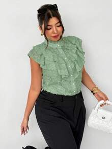 Firerie Camisa de verano de talla grande, elegante, de unicolor, con textura y volantes, con botones delanteros - Verde - Ver 5