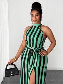 Maweii Plus Size Women's Woven Striped Slit Sexy Jumpsuit - Green - View 2