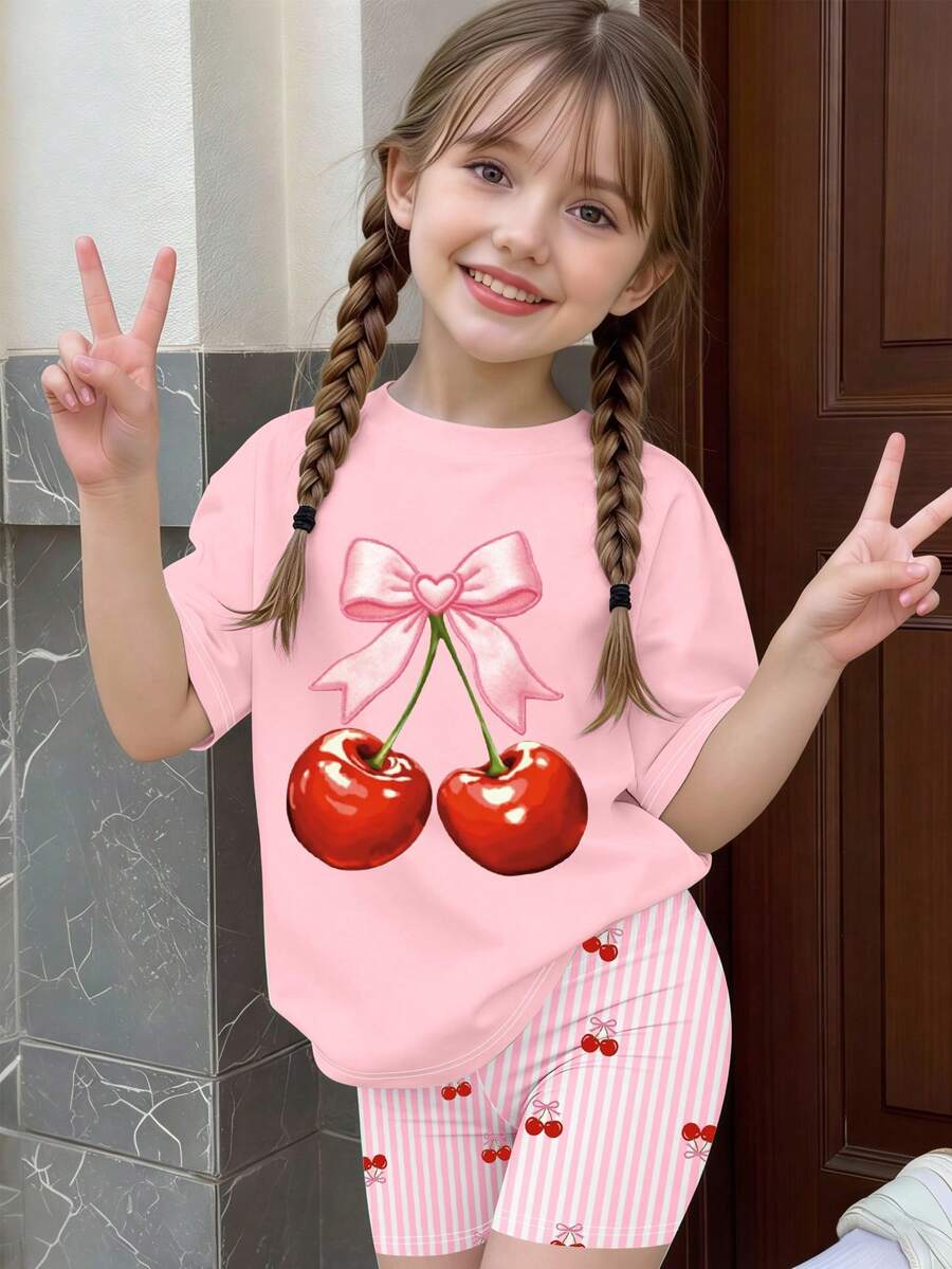 一套女童简约粉色樱桃蝴蝶结印花短袖T恤和条纹短裤两件套,休闲夏季童装 - 彩色 - 查看 1