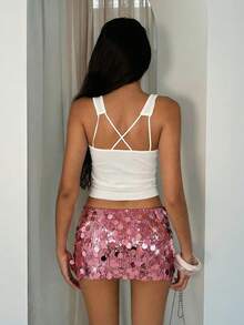 Glamine Women's Solid Color Sequin Skirt, Suitable For Party Night Occasions Hot Pink Autumn Y2k - Coral Pink - View 3
