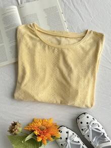 Comfortcana Plus Size Women Summer Casual Solid Color Short Sleeve Top Gym Brown - Yellow - View 7