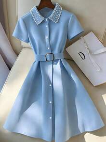 GlowEve Women's Solid Color Urban Casual Commuter Dress With Decorative Beads, Mid-Length - Blue - View 1