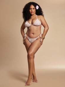 SHEIN BAE Áo bikini lưới đính sequin kiểu dáng nghỉ mát mùa hè với cúp ngực tam giác - Hồng - Xem 4