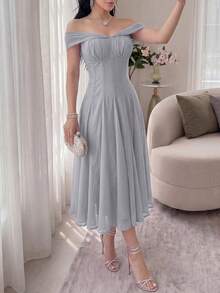 Feyla Women's Solid Color Pleated Off Shoulder Elegant Party Dress - Gray Blue - View 6