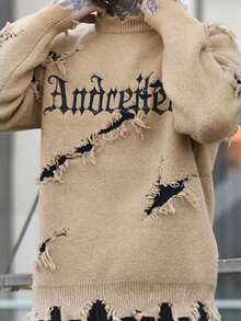 Devon Thys ANDREILEE 男士街头时尚字母刺绣做旧破洞百搭毛衣，适合秋冬季穿着 - 卡其色 - 查看 3
