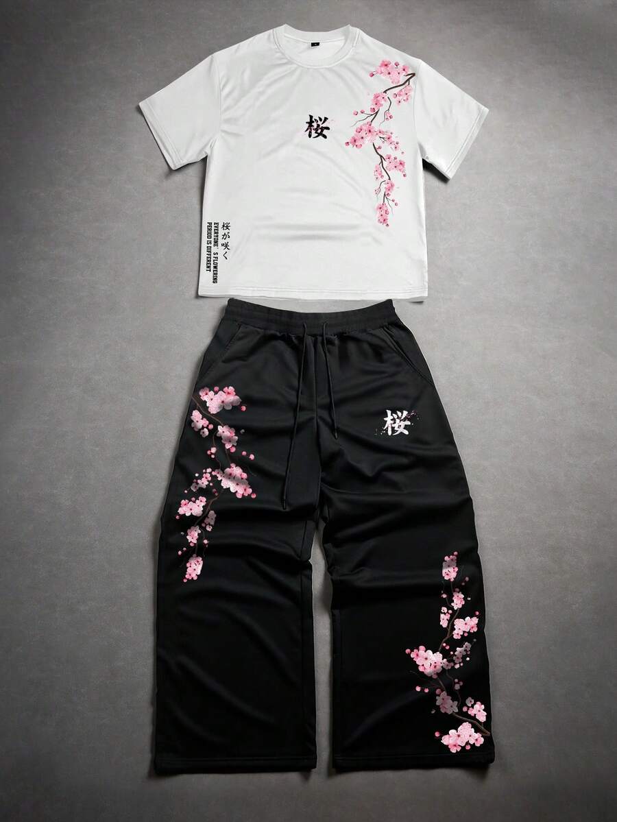 Manfinity EMRG Men's Letter Print Round Neck Short Sleeve T-Shirt And Drawstring Waist Pants Casual Suit - Multicolor - View 1