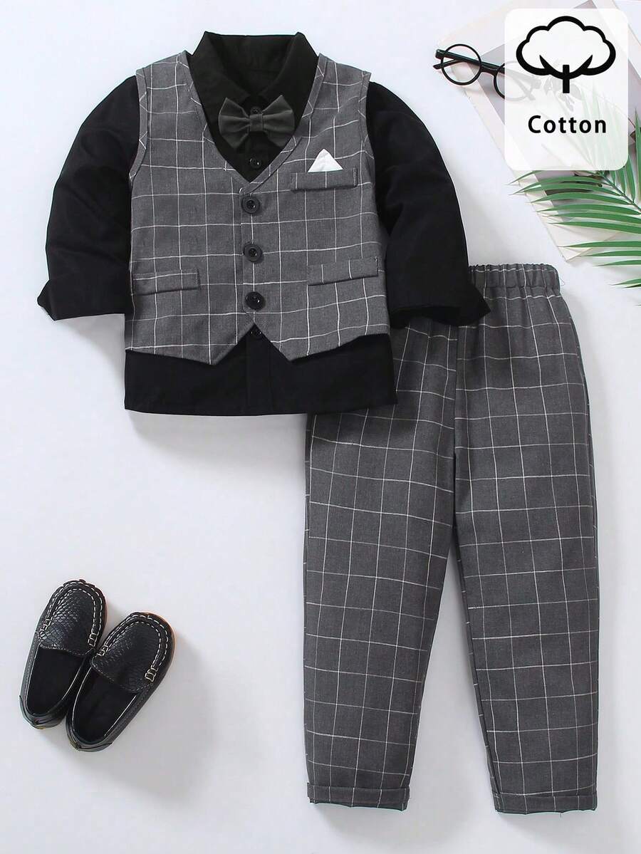 2pcs Set:Plaid Vest+Pants,Summer Traditional Wedding Formal Outfit For Birthday Party,Evening Event,Christening,Valentine's Day,Prom,Graduation - Grey - View 1