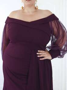 Pretty and Ole Plus Size Mesh Patchwork Off-Shoulder Party Dress - Purple - View 3