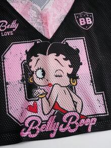 Betty Boop x SHEIN Women's Contrast Lace V-Neck Short Sleeve T-Shirt, - Black - View 4