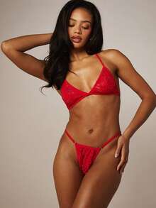 MISSGUIDED Red Lace Triangle Bra And Thong Lingerie Set With Strappy Details For Intimate Occasions - Red - View 5