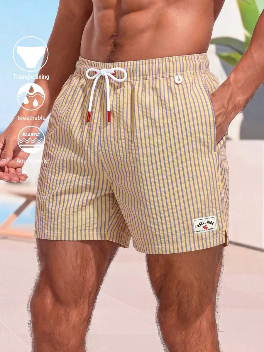 CoralVoy Men's Striped Drawstring Waist Casual Beach Shorts, Holiday - Pale Yellow - View 1