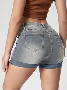 Jeanoix Quần short denim nữ dáng suông, có túi, ống rộng. - Màu xanh lam - Xem 2