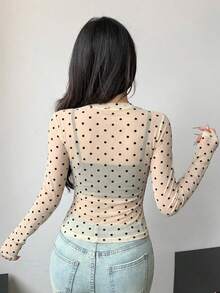 DAZY 女士薄纱蕾丝圆领修身套头T恤 - 杏色 - 查看 5