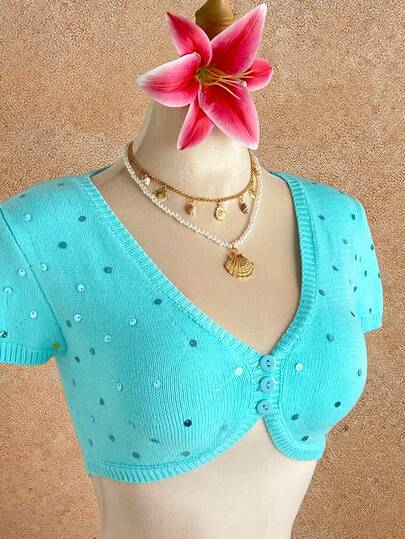 Elamini Women's V-Neck Sequin Patchwork Single-Breasted Cropped Casual Everyday Wear Short Sleeve Cardigan