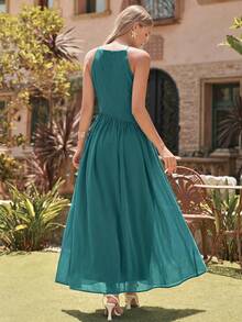 Amorya Women's Teal Elegant Halter Neck Ruched Long Dress, Summer Tropical Holiday Vacation Outfit, Wedding Tea Party Guest Bridesmaid Formal Evening Gown - Aqua Blue - View 3