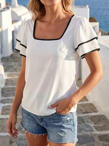 SHEIN Holidaya Áo sơ mi nữ tay ngắn cổ bèo nhún kiểu dáng đi nghỉ mát - Nhiều màu - Xem 6
