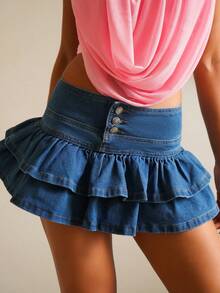 Sandy Gomes Women's Solid Color Ruffle Hem Denim Mini Skirt Casual - Light Wash - View 6