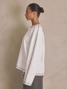 MUSERA Washed Oversized Long Sleeve Top Summer, Sporty, Casual, Day, Streetstyle, Streetwear Spring - White - View 2