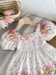 SHEIN Baby Girl Woven Ditsy Floral Square Collar Petal Sleeve Casual Cute Big Bow Decor Dress - Multicolor - View 8