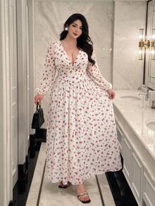 Vibekara Plus Size Women V-Neck Halter Tie Chiffon Floral Print Flowy Elegant Vintage Casual Maxi Dress Fall - Multicolor - View 5