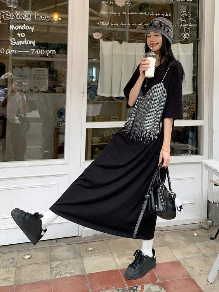 Women's Round Neck Rhinestone Embellished Korean Style Short Sleeve Dress Sun Dresses For Women