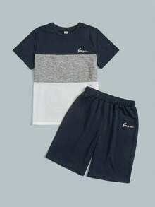 SHEIN Tween Boy Casual Comfortable Contrast Color Round Neck Short Sleeve Top And Solid Color Shorts 2-Piece Set - Navy Blue - View 3