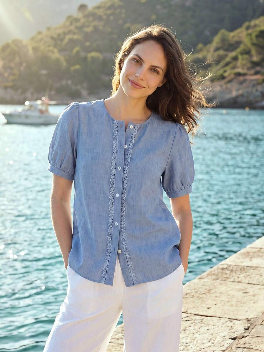 Dayvera Áo cardigan tay ngắn bằng vải lanh viền ren kiểu Pháp lãng mạn - Màu xanh nhạt - Xem 1