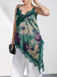 SHEIN Clasi 大码女式蕾丝拼接休闲百搭日常吊带背心 - 綠色 - 查看 2