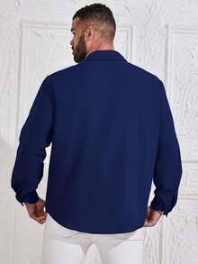 Manfinity Homme Plus Size Men's Casual Simple Front Button Long Sleeve Shirt, Suitable For Commuting & Business - Navy Blue - View 2