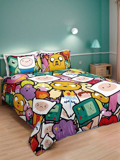 ADVENTURE TIME X SHEIN 三件套可爱卡通印花被套，光滑面料，柔软保暖，红色被套，多种尺寸可选，适用于单人床/双人床/大号床/特大号床