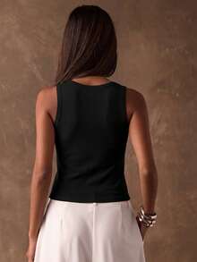 SHEIN BAE Top sin mangas de mujer con escote redondo y espalda de tirantes, con aplicaciones de strass negras - Básico elástico apto para todas las estaciones, de estilo callejero y elegante, perfecto para el trabajo, ir al trabajo, conciertos de verano, raves, festivales de música, actividades deportivas - Multicolor - Ver 3