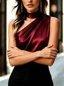 SHEIN Satin Spaghetti Strap Camisole For Women, Elegant Sleeveless Tank Top Top, Suitable For Party, Shopping, Workplace, All Seasons - Burgundy - View 6