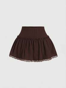 Sweetra Top con dobladillo corto con volantes y encaje estilo romántico preppy, chaqueta con parche de encaje y botones en la cintura, adecuado para uso diario, salidas, playa, primavera/verano/otoño - Marrón - Ver 5
