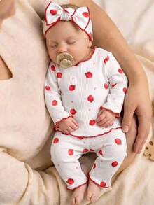 SHEIN 2 Pieces Newborn Cute Cartoon Pattern Ruffled Round Neck Short-Sleeve Knitted Comfortable Fit Pajama Set (Two Pieces) - Multicolor - View 6