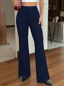 SHEIN Tall CURVE 大码纯色休闲简约设计百搭日常裤 - 藏蓝色 - 查看 4