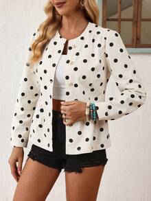 EMERY ROSE Women's Casual French Style Frenchy Vacation Commute Work Black White Polka Dot Polka Dot Print Single-Breasted Denim Jacket, Spring/Autumn - Beige - View 4