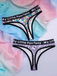 My Little Pony X SHEIN 2 buah Celana Dalam Thong Nyaman dan Lembut dengan Motif Unicorn dan Huruf serta Karet Elastis - Berwarna merah muda - View 2