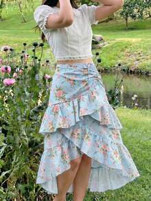 SHEIN MOD Plus Size Women Floral Print Ruffle Hem Asymmetric Skirt - Blue - View 4