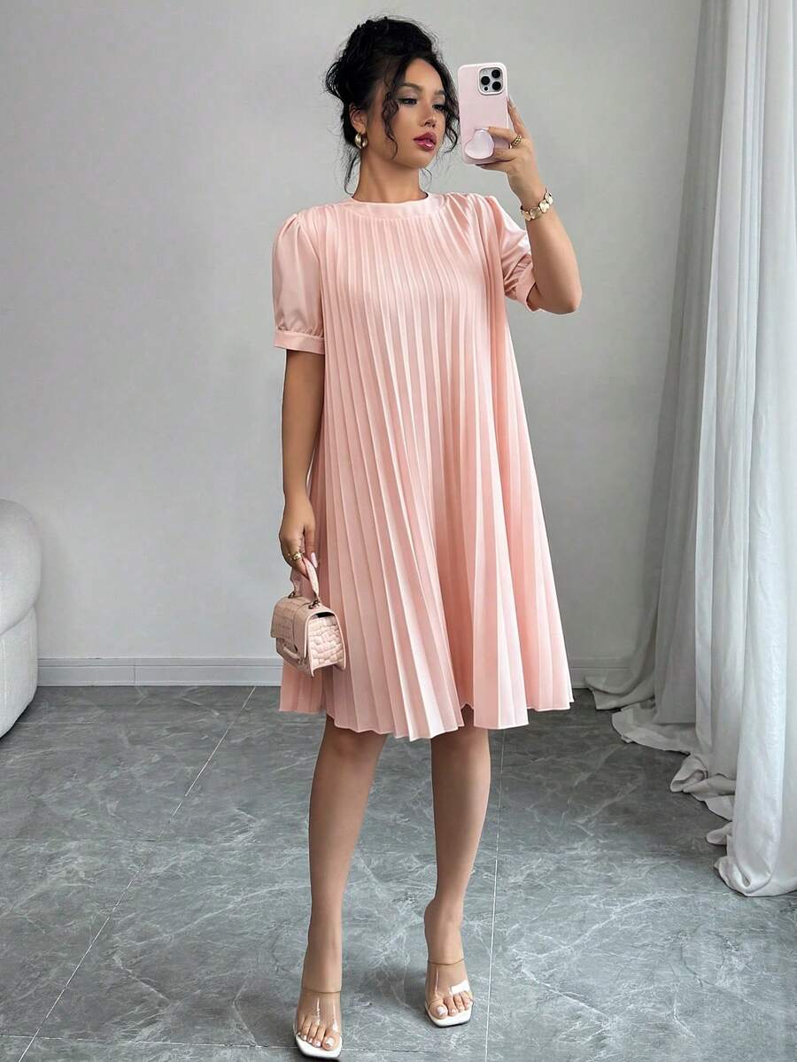 Elenzga Women's Elegant Romantic Loose Solid Color Pleated Petal Sleeve Mini Dress, Versatile For Spring/Summer - Baby Pink - View 1