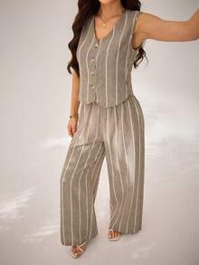 SHEIN PETITE Women's Beige Summer Casual Striped 2 Pieces Set,French Retro Sleeveless Button Front Tank Top And Wide-Leg Pants,Vacation Holiday Beach Party Outfit - Khaki - View 4