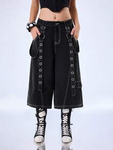 Y2Kool BiGraphic Quần jeans nữ dáng rộng ống lửng 7/8, cạp chun. - màu đen - Xem 3