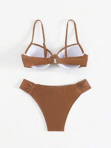 Swim Vcay 女款黑色性感支撐抓皺抹胸上衣與比基尼泳褲兩件式泳裝套裝，夏季海灘穿搭 - 摩卡棕 - 查看 7