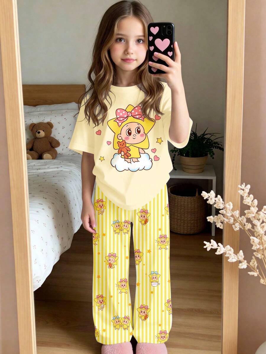 2026新款复古甜美卡通蝴蝶结星星女孩,柠檬黄条纹,少女风,休闲休闲,Y2K风格,可爱风,派对风,少女休闲修身圆领短袖睡裤套装,适合夏季穿着,甜美可爱,舒适休闲,度假风,轻松舒适,Y2K风格,少女服装,女童套装,儿童女童服装 - 彩色 - 查看 1