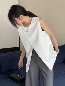 DAZY Women's Solid Color Crew Neck Slit Hem Casual Business Tank Top - White - View 6