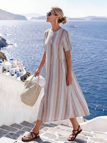 Faunlyn Women's Striped Multicolor Button Half-Placket Round Neck Dress - Multicolor - View 4
