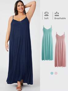 SHEIN BASICS 大码休闲纯色无袖连衣裙，夏季 - 藏蓝色 - 查看 8