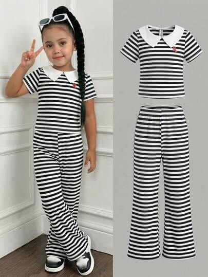 SHEIN 2pcs/Set Young Girl Striped Collar Casual T-Shirt And Flare Pants Suit
