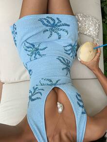 Sunnyshic Women's Vacation Plant Sequin Plunging V-Neck Backless Mini Dress - Blue - View 5