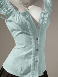para Mujer, Minimalista, Dulce y Fresca, con Volantes, de Un Solo Hombro y Manga Abullonada, Vestido Corsé Blanco de Primavera/Verano, Vestido Blanco con Escote Corazón, Vestido Vintage OSPV - verde menta - Ver 3